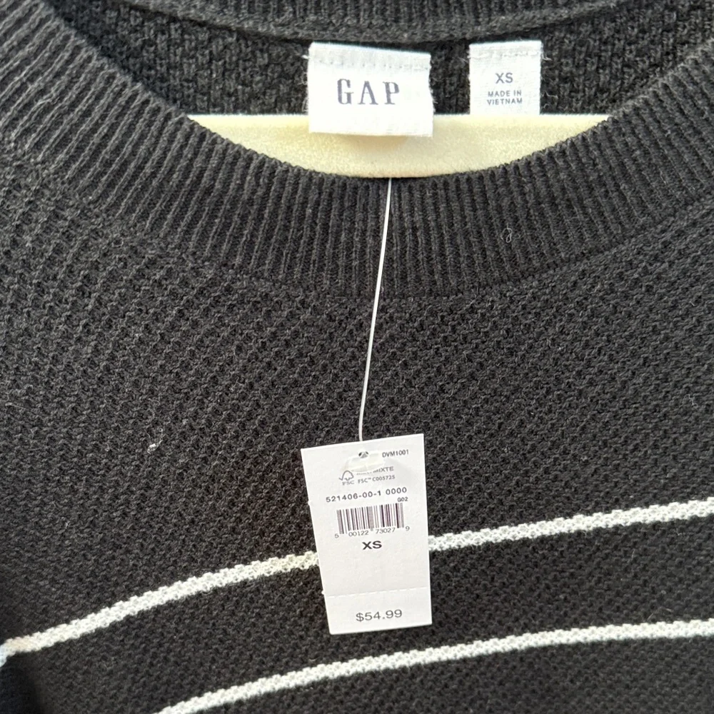 GAP women’s Black Crewneck Sweater with White Stripes - Picture 2 of 2